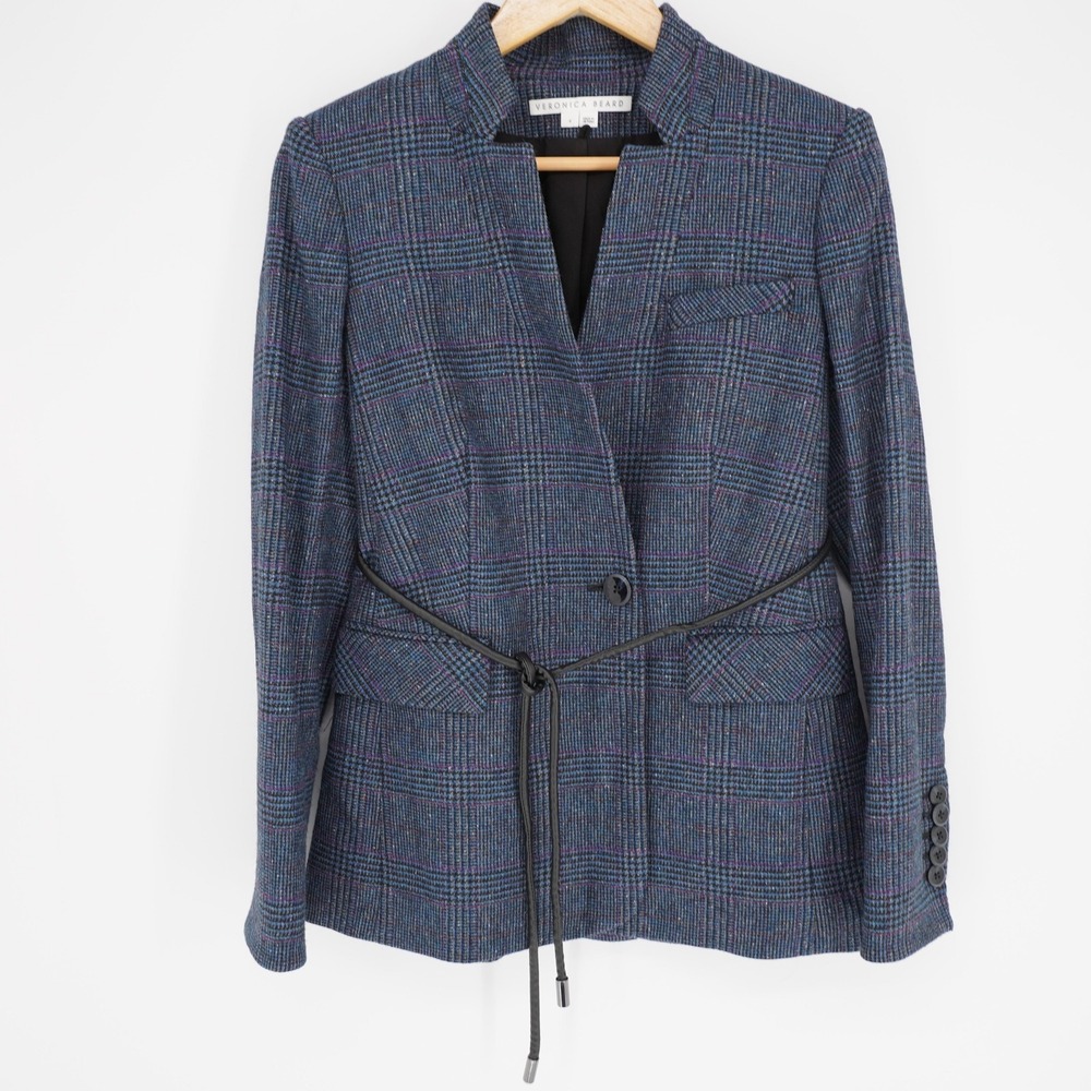 Veronica Beard Blazer Womens 4 Blue Tweed Plaid Notch Lapel Belted Pant Suit
